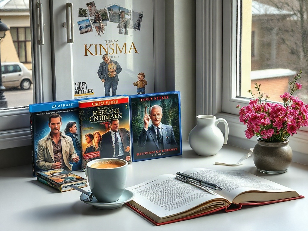 На подоконнике чашка с кофе, DVD-фильмы и книга, рядом цветы в вазе. Уютная атмосфера для отдыха.