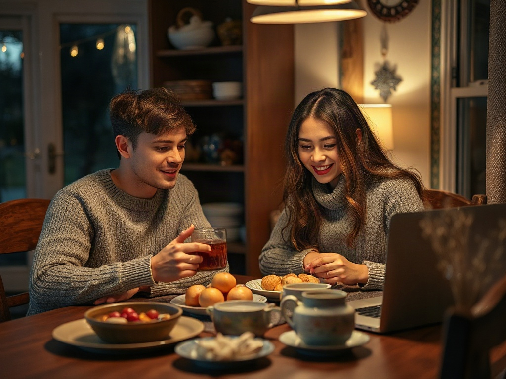 Два человека, наслаждающиеся вечером за столом с чаем, закусками и ноутбуком в уютной обстановке.