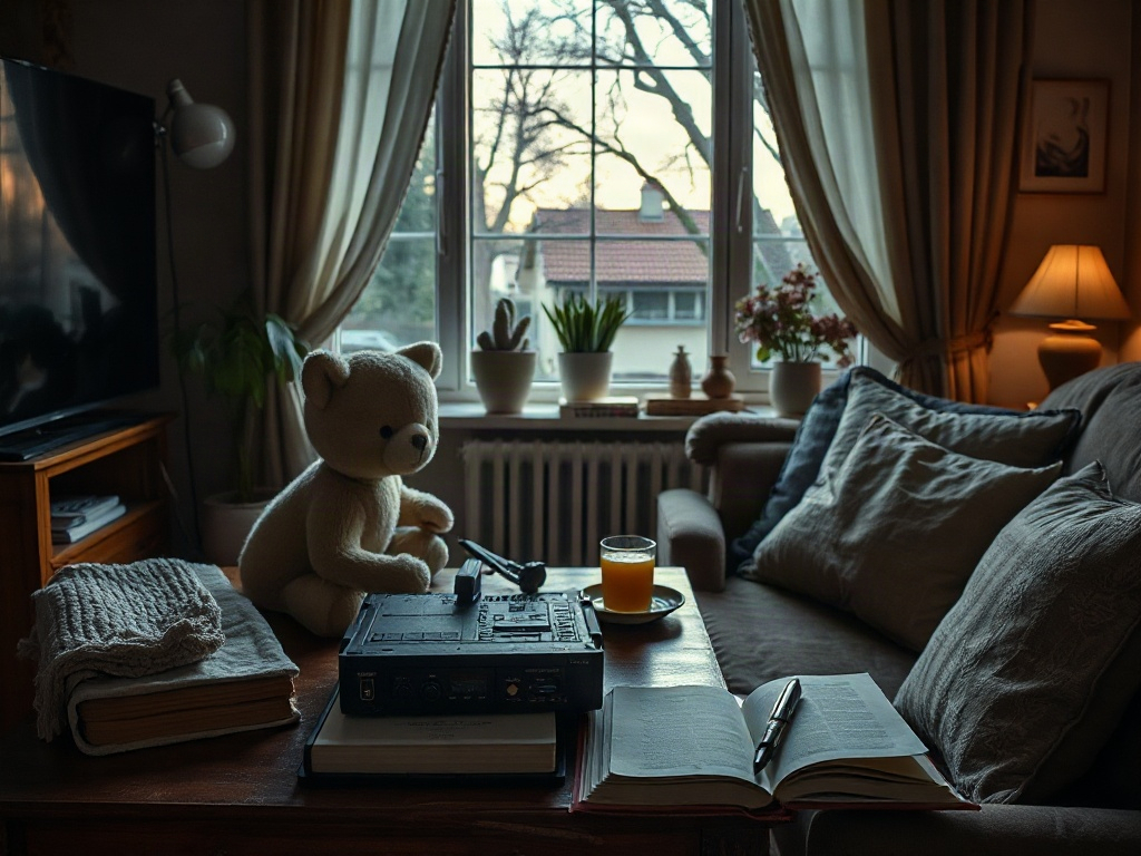 Уютная комната с мягким медвежонком, книгами и стаканом с соком на столе у окна.