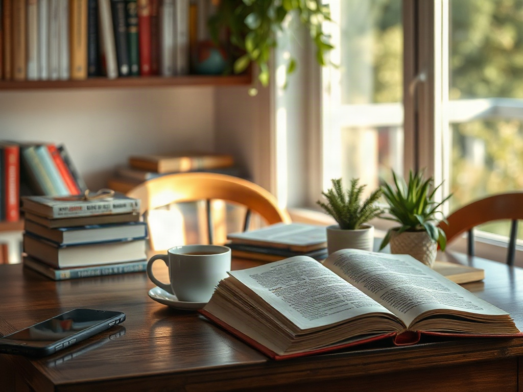 На столе лежит открытую книга, рядом чашка кофе и несколько растений. На заднем плане видны книжные полки.